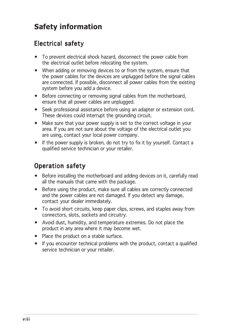 Safety information | Asus P5GD1 User Manual | Page 8 / 128