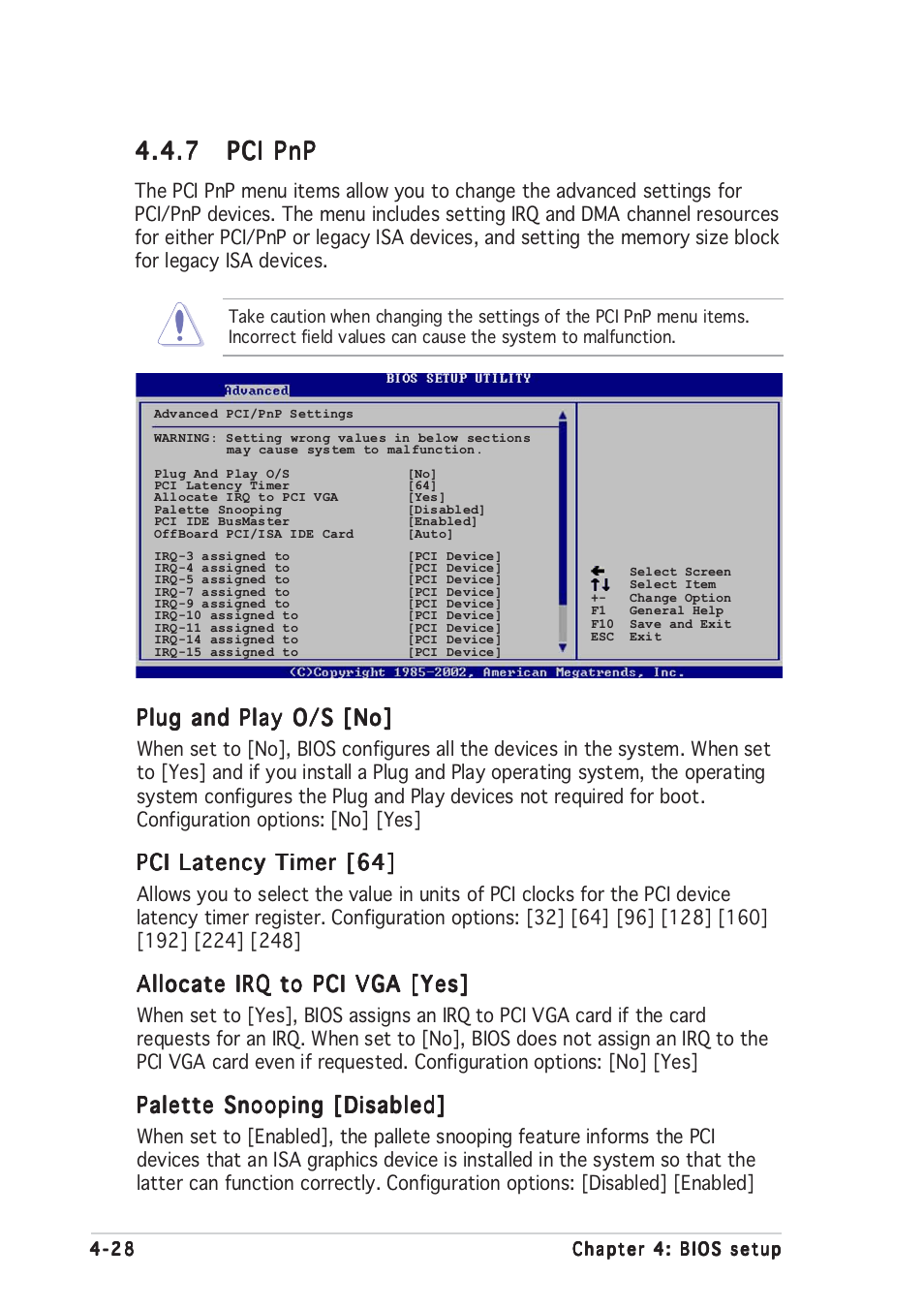 7 pci pnp pci pnp pci pnp pci pnp pci pnp, Plug and play o/s [no, Pci latency timer [64 | Allocate irq to pci vga [yes, Palette snooping [disabled | Asus P5GD1 User Manual | Page 86 / 128