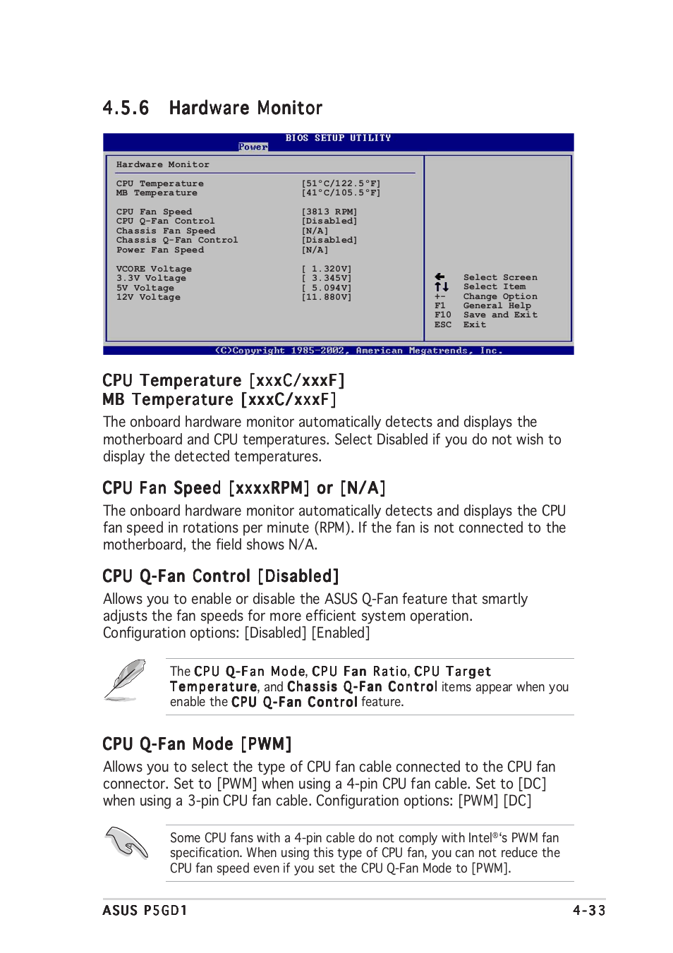 Cpu temperature [xxxc/xxxf, Cpu q-fan control [disabled, Cpu q-fan mode [pwm | Asus P5GD1 User Manual | Page 91 / 128