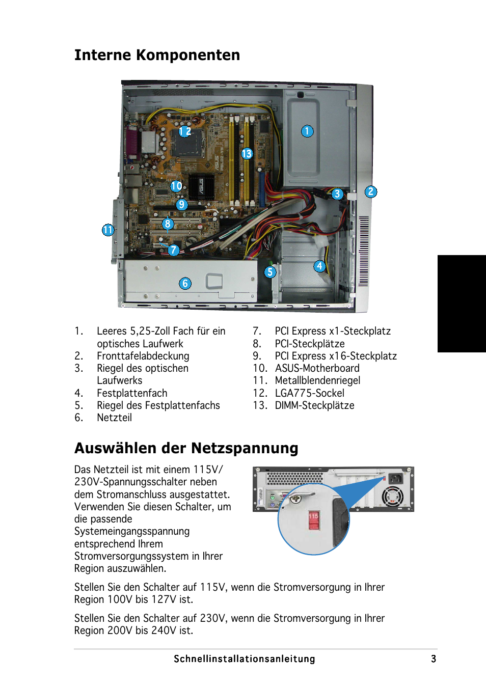 Interne komponenten, Auswählen der netzspannung, Deutsch | Asus P3-PH4 User Manual | Page 19 / 80