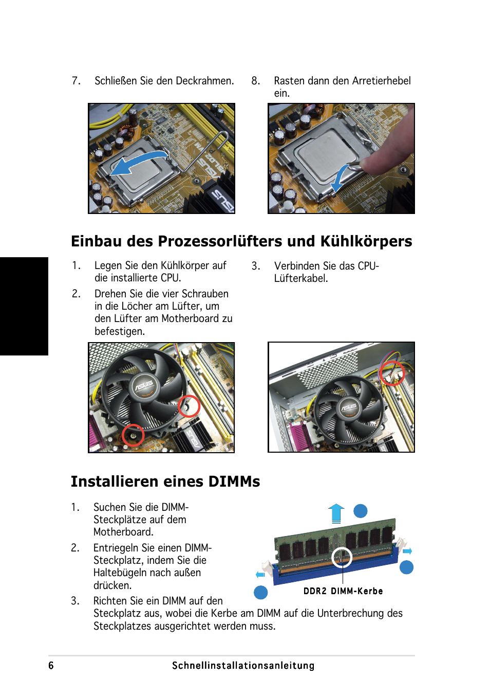 Einbau des prozessorlüfters und kühlkörpers, Installieren eines dimms, Deutsch | Asus P3-PH4 User Manual | Page 22 / 80