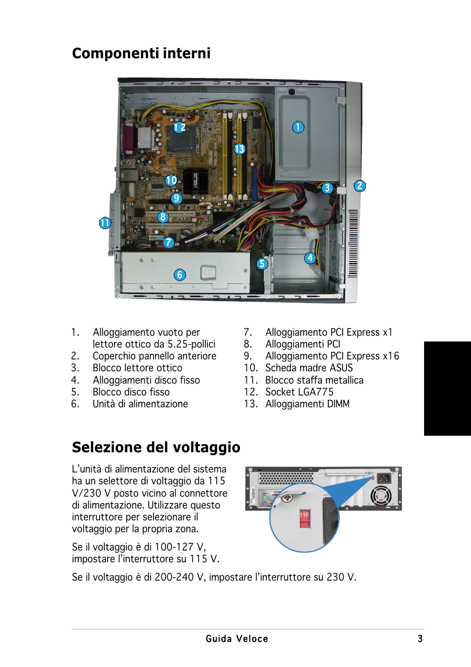 Componenti interni, Selezione del voltaggio, Italiano | Asus P3-PH4 User Manual | Page 27 / 80