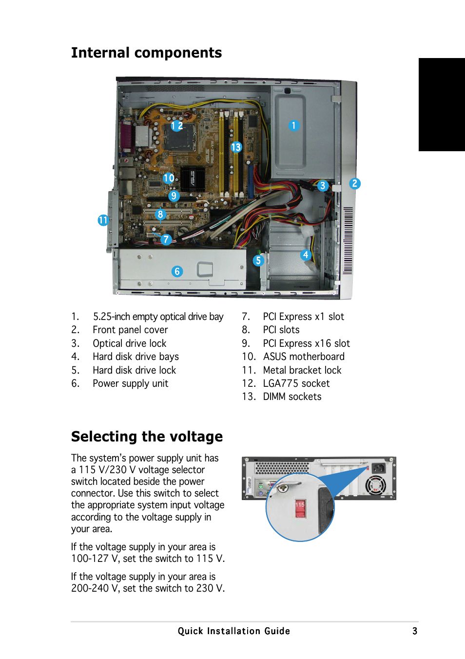 Internal components, Selecting the voltage | Asus P3-PH4 User Manual | Page 3 / 80