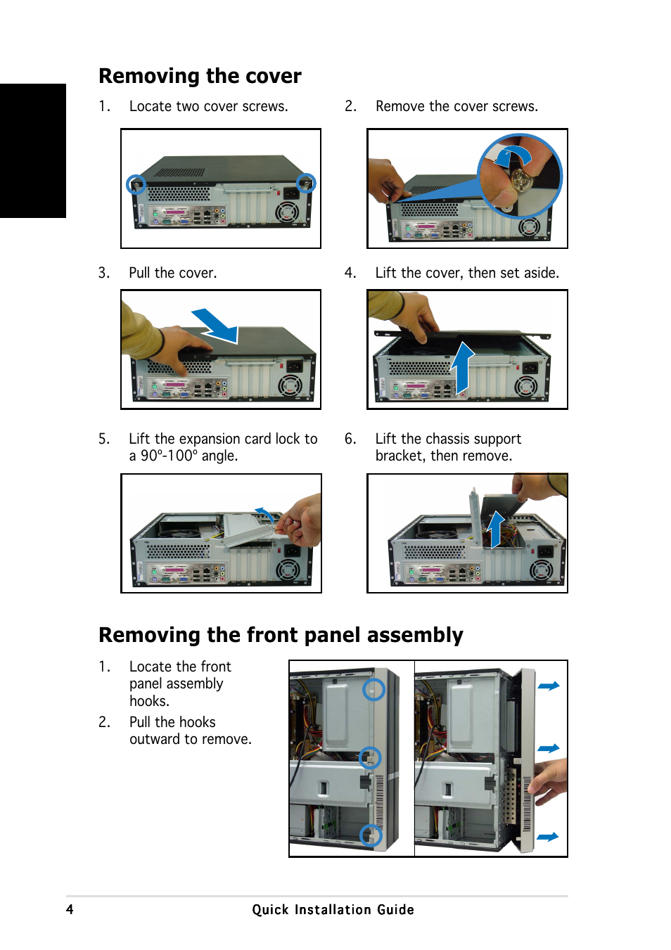 Removing the cover, Removing the front panel assembly | Asus P3-PH4 User Manual | Page 4 / 80