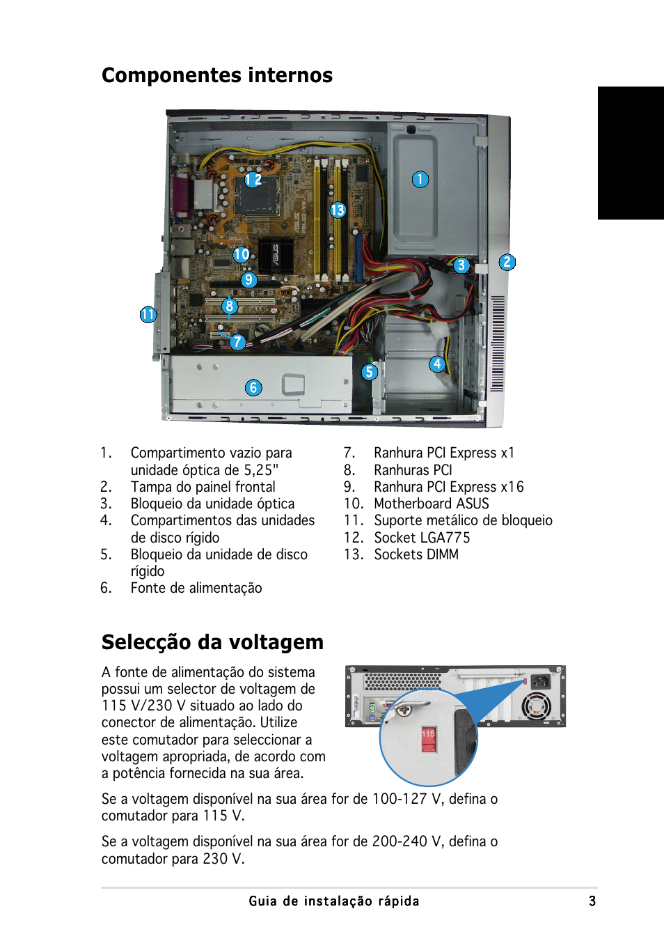 Componentes internos, Selecção da voltagem, Portugu ê s | Asus P3-PH4 User Manual | Page 51 / 80