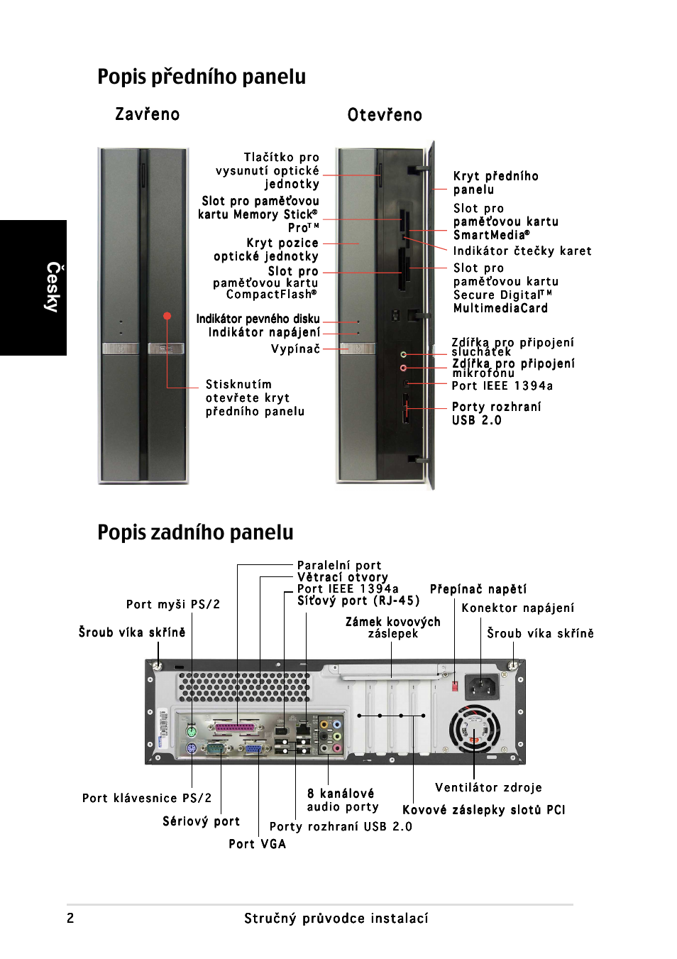 Popis zadního panelu popis předního panelu, Česky, Zavřeno | Asus P3-PH4 User Manual | Page 58 / 80