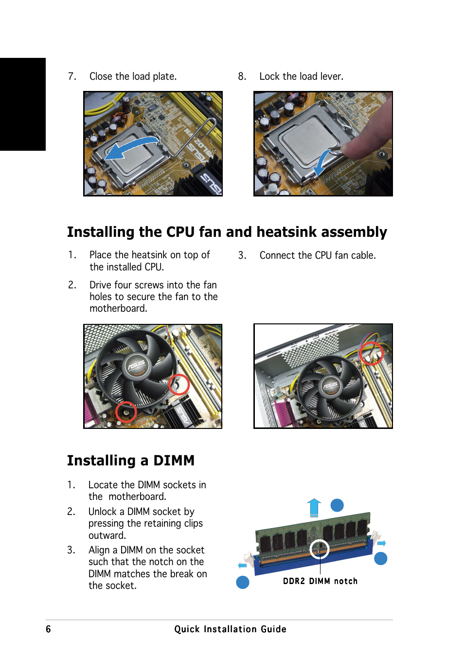 Installing the cpu fan and heatsink assembly, Installing a dimm | Asus P3-PH4 User Manual | Page 6 / 80