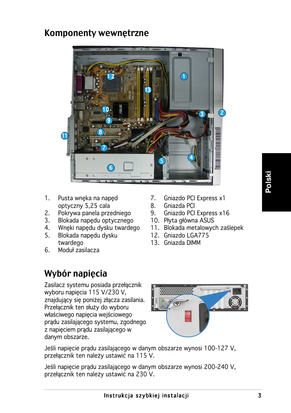 Komponenty wewnętrzne wybór napięcia, Polski | Asus P3-PH4 User Manual | Page 67 / 80