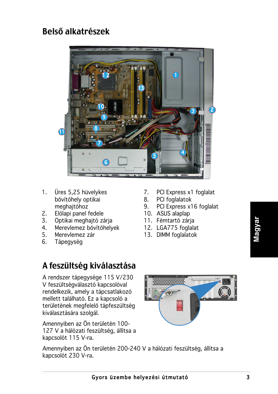 Belső alkatrészek, A feszültség kiválasztása, Magyar | Asus P3-PH4 User Manual | Page 75 / 80