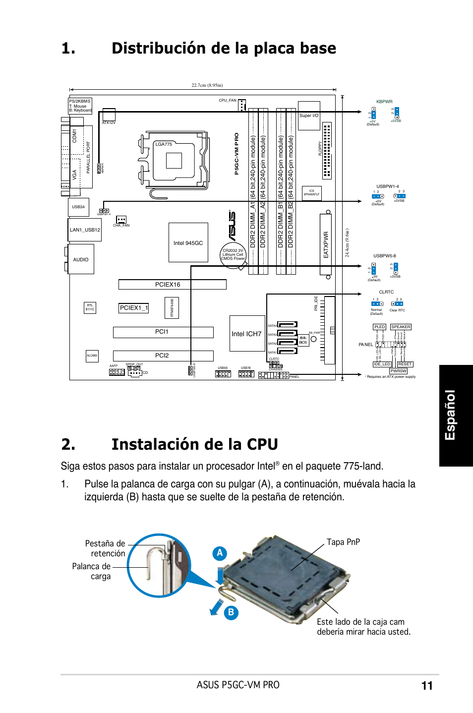 Español, Siga estos pasos para instalar un procesador intel, Asus p5gc-vm pro | Ab b, Intel ich7 | Asus P5GC-VM Pro User Manual | Page 11 / 38