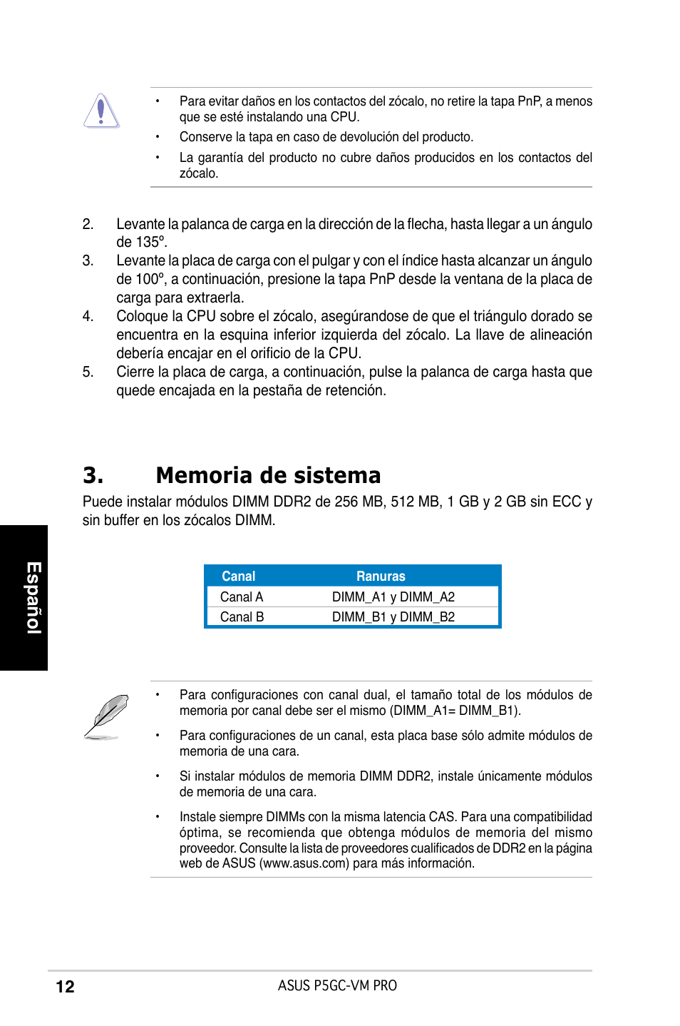 Español | Asus P5GC-VM Pro User Manual | Page 12 / 38