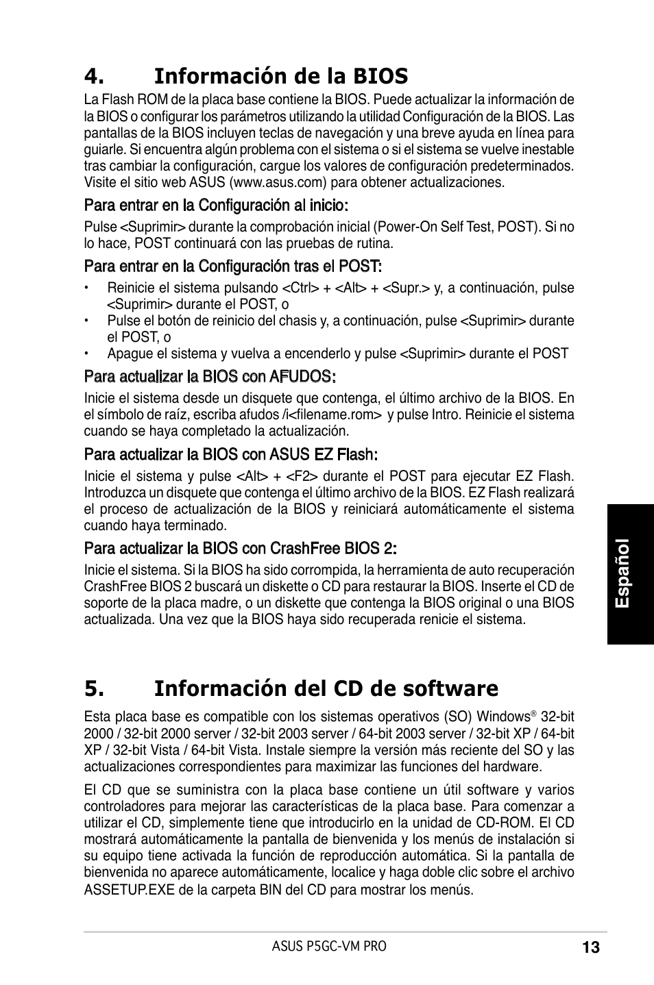 Información de la bios, Información del cd de software, Español | Asus P5GC-VM Pro User Manual | Page 13 / 38