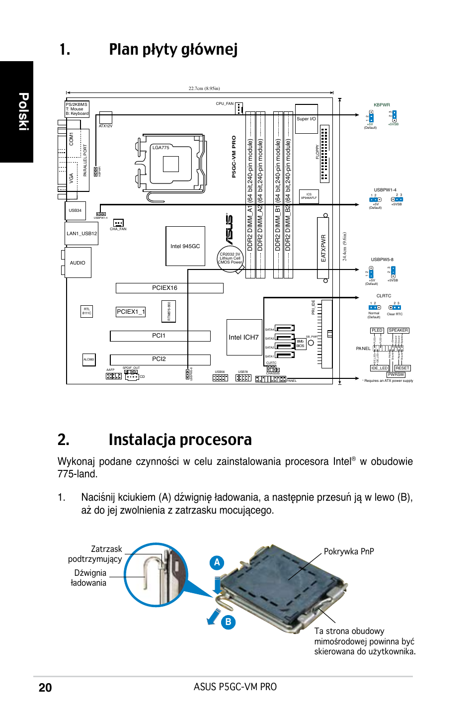 Plan płyty głównej 2. instalacja procesora, Polski, Asus p5gc-vm pro | Ab b, Intel ich7 | Asus P5GC-VM Pro User Manual | Page 20 / 38