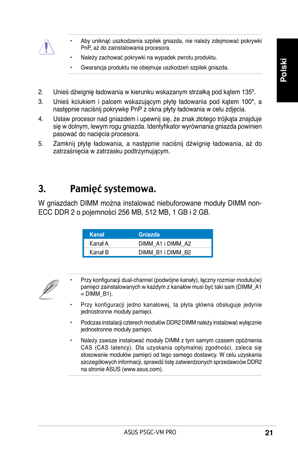 Pamięć systemowa, Polski | Asus P5GC-VM Pro User Manual | Page 21 / 38