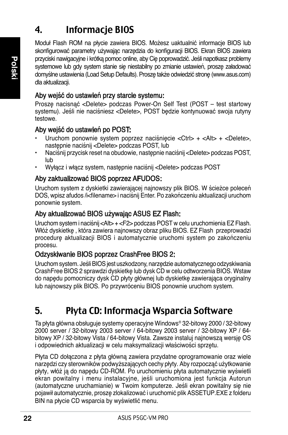 Informacje bios, Płyta cd: informacja wsparcia software, Polski | Asus P5GC-VM Pro User Manual | Page 22 / 38