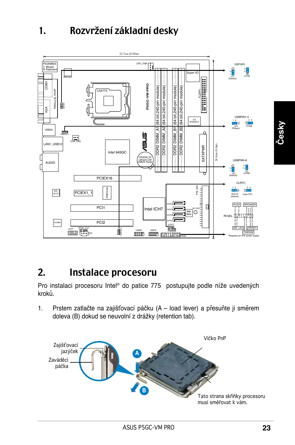 Rozvržení základní desky 2. instalace procesoru, Česky, Pro instalaci procesoru intel | Asus p5gc-vm pro, Ab b, Intel ich7 | Asus P5GC-VM Pro User Manual | Page 23 / 38