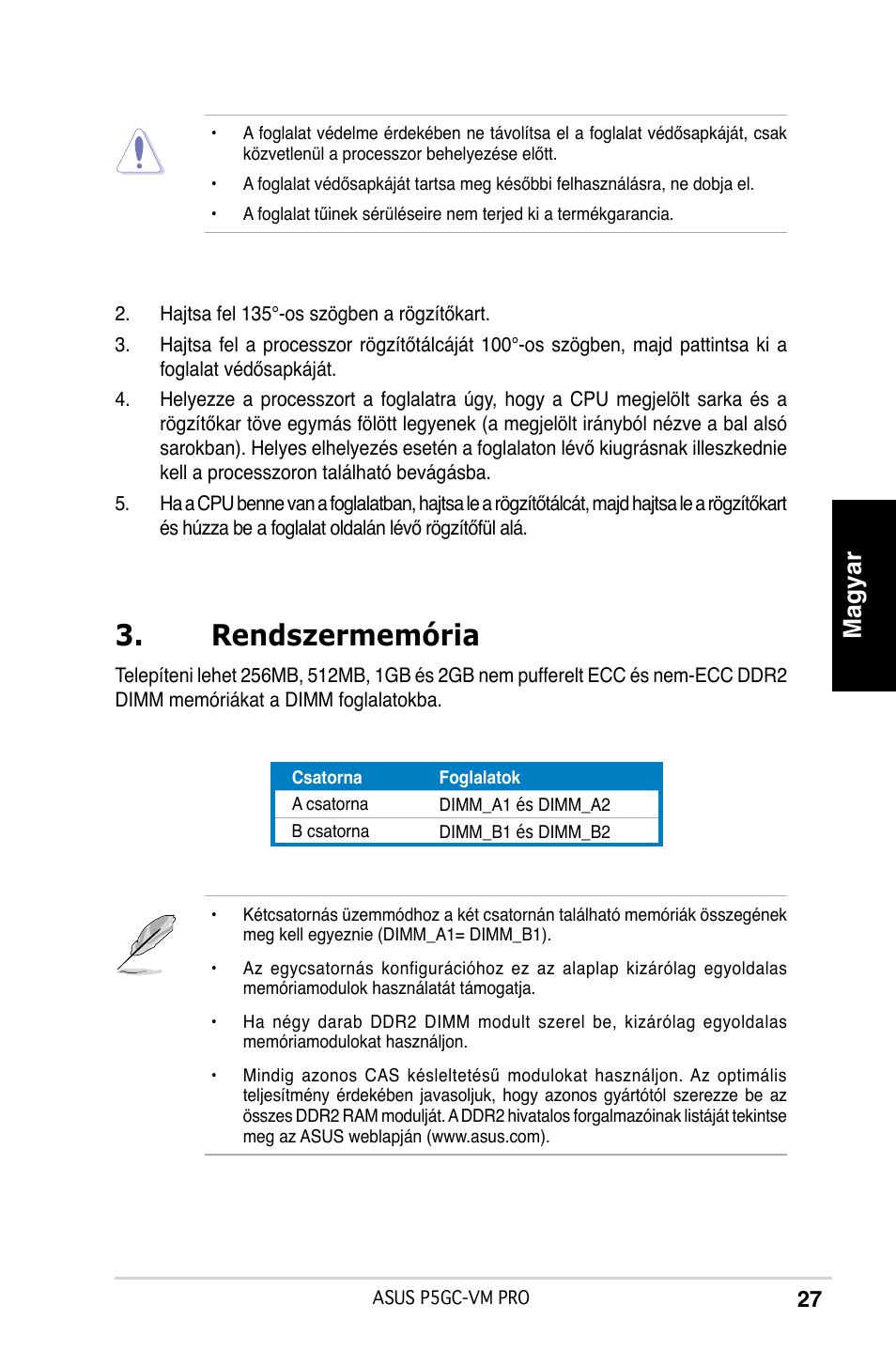 Rendszermemória, Magyar | Asus P5GC-VM Pro User Manual | Page 27 / 38