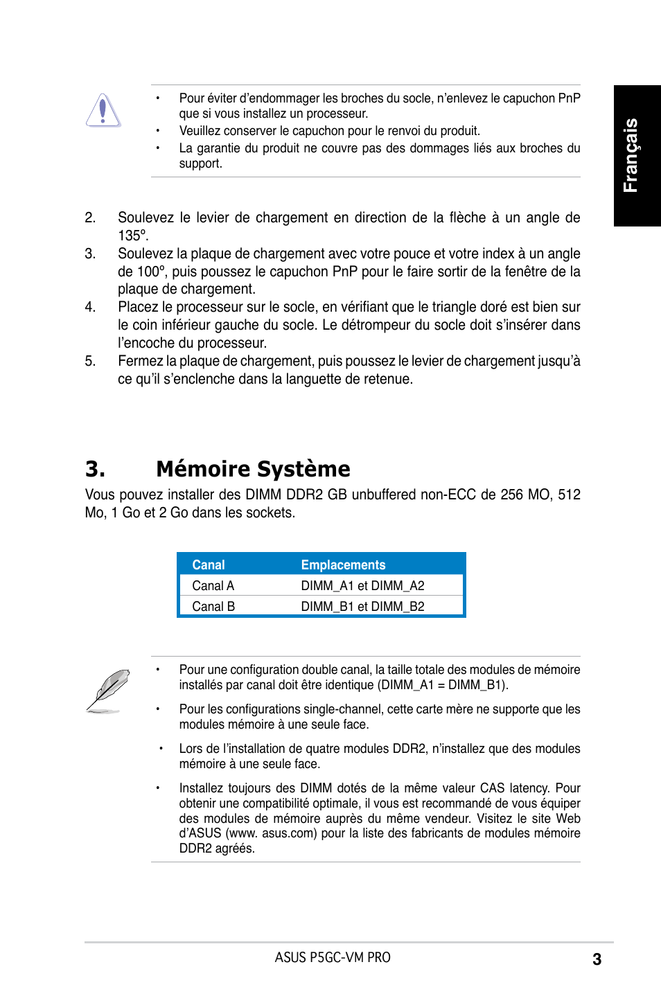 Mémoire système, Français | Asus P5GC-VM Pro User Manual | Page 3 / 38