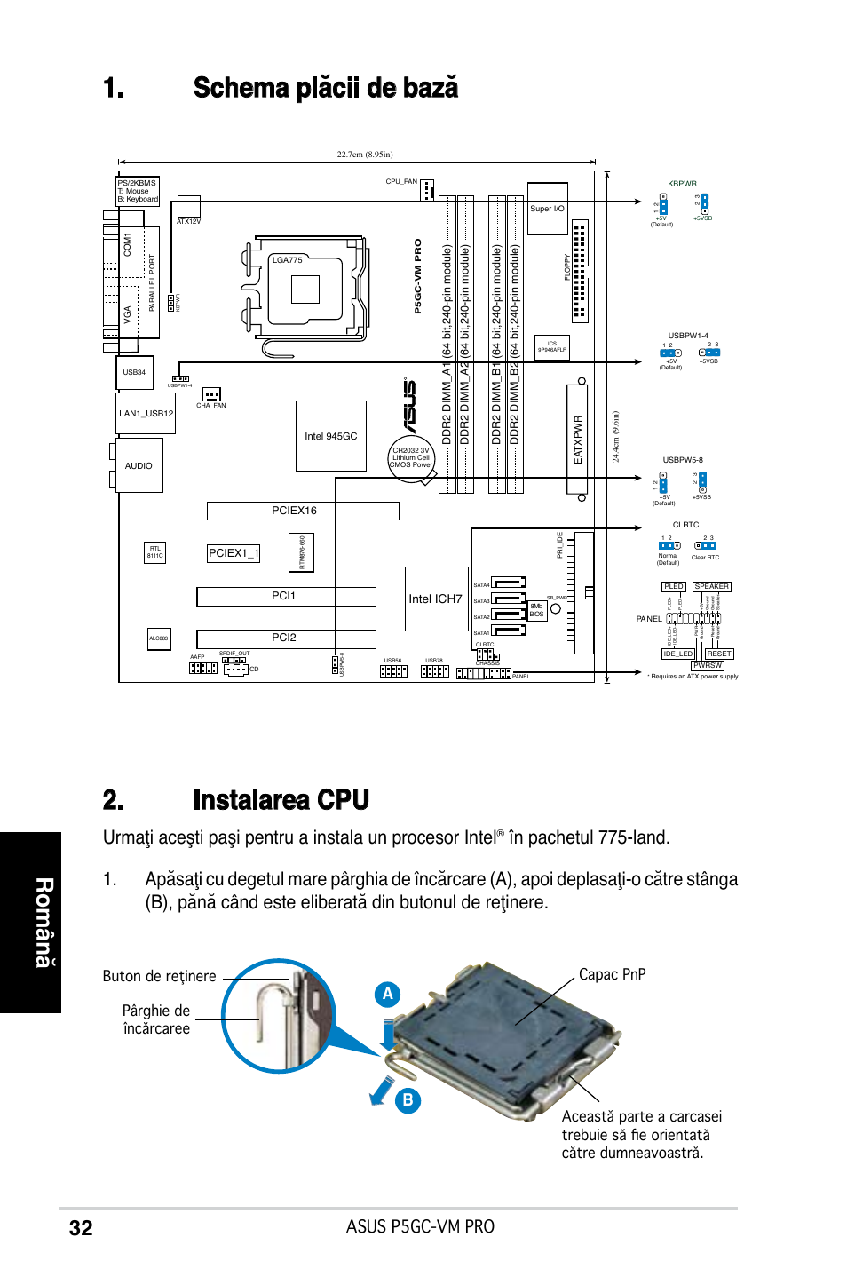 Schema plăcii de bază 2. instalarea cpu, Română, Asus p5gc-vm pro | Ab b, Intel ich7 | Asus P5GC-VM Pro User Manual | Page 32 / 38