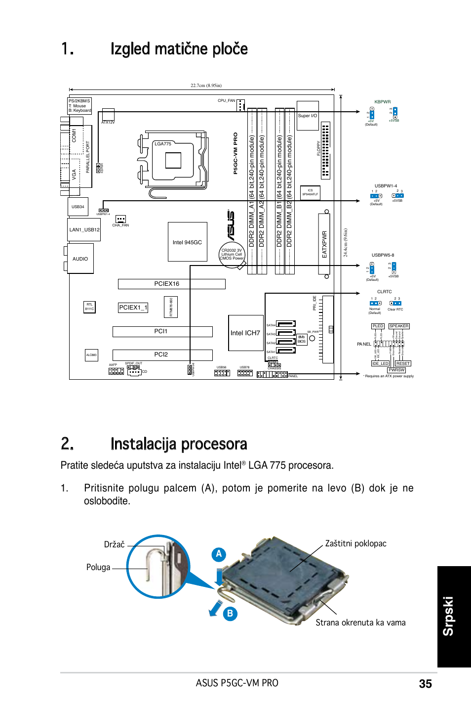 Izgled matične ploče 2. instalacija procesora, Srpski, Pratite sledeća uputstva za instalaciju intel | Asus p5gc-vm pro, Ab b, Intel ich7 | Asus P5GC-VM Pro User Manual | Page 35 / 38