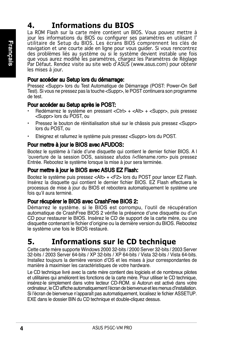 Informations du bios, Informations sur le cd technique, Français | Asus P5GC-VM Pro User Manual | Page 4 / 38