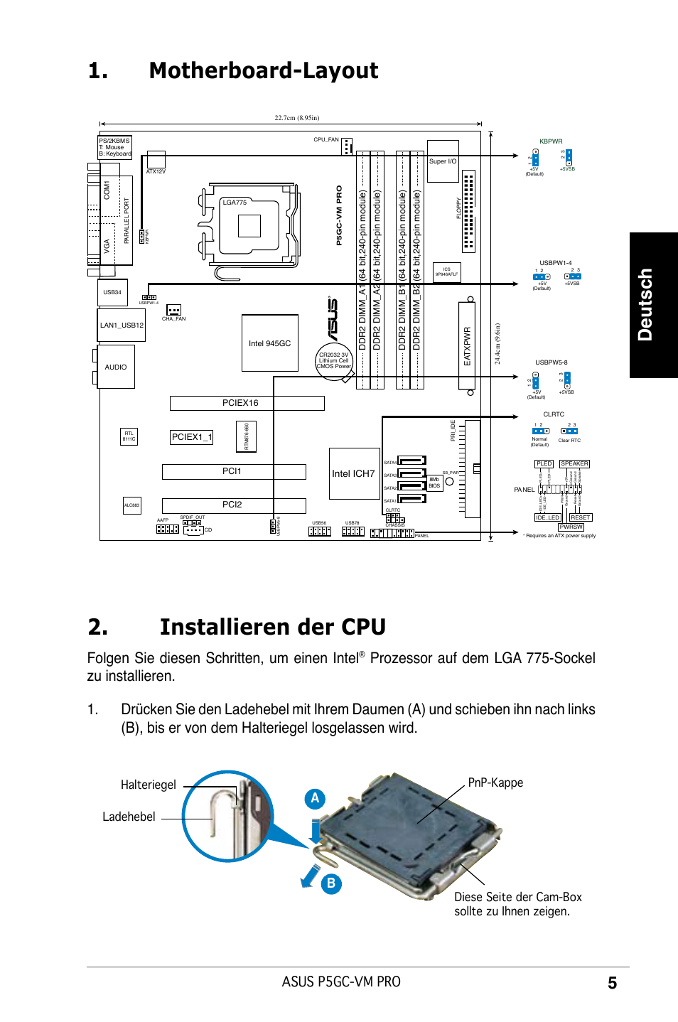 Motherboard-layout 2. installieren der cpu, Deutsch, Folgen sie diesen schritten, um einen intel | Asus p5gc-vm pro, Ab b, Intel ich7 | Asus P5GC-VM Pro User Manual | Page 5 / 38