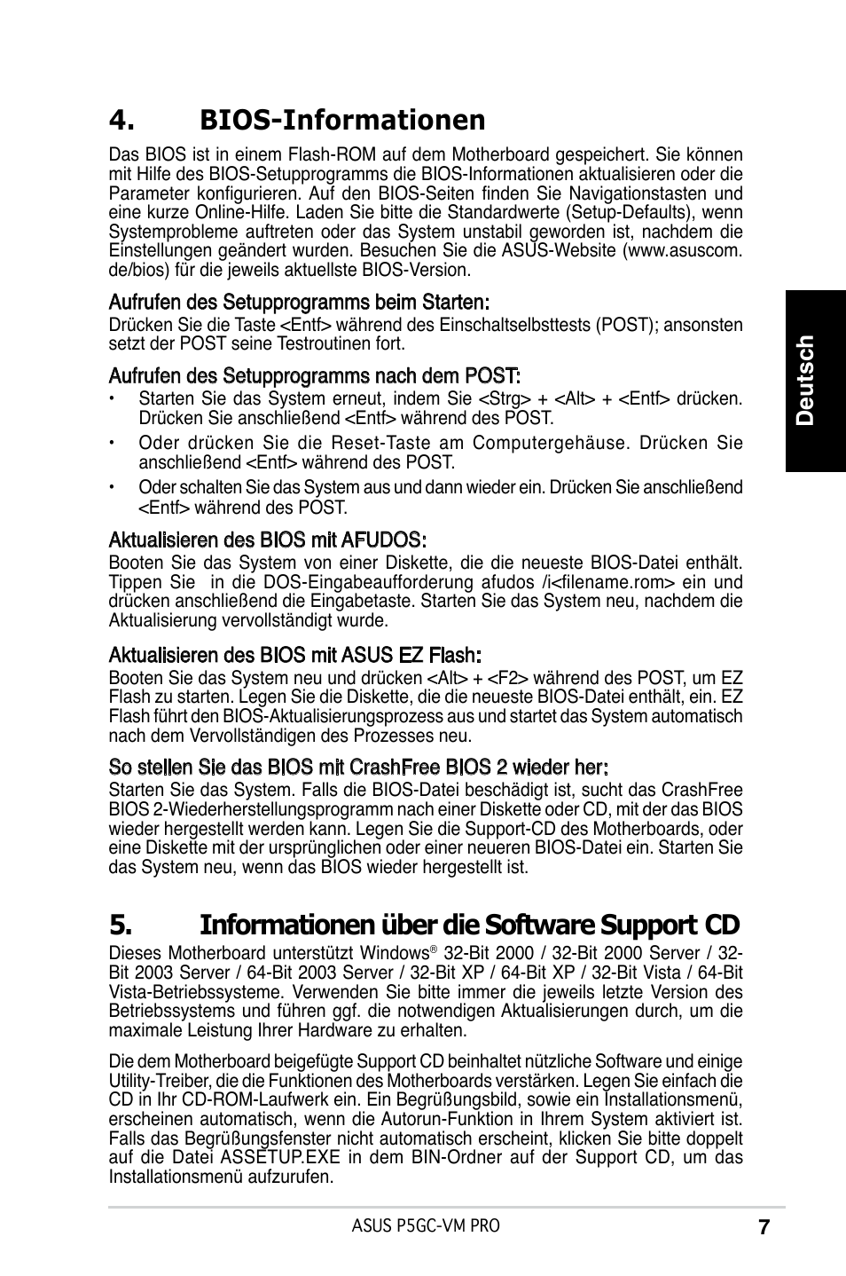 Bios-informationen, Informationen über die software support cd, Deutsch | Asus P5GC-VM Pro User Manual | Page 7 / 38