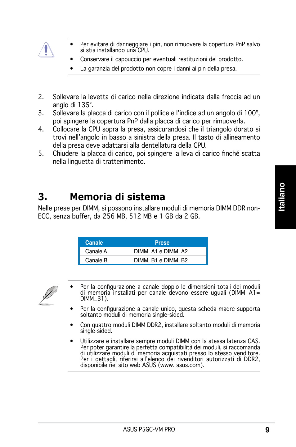 Italiano | Asus P5GC-VM Pro User Manual | Page 9 / 38