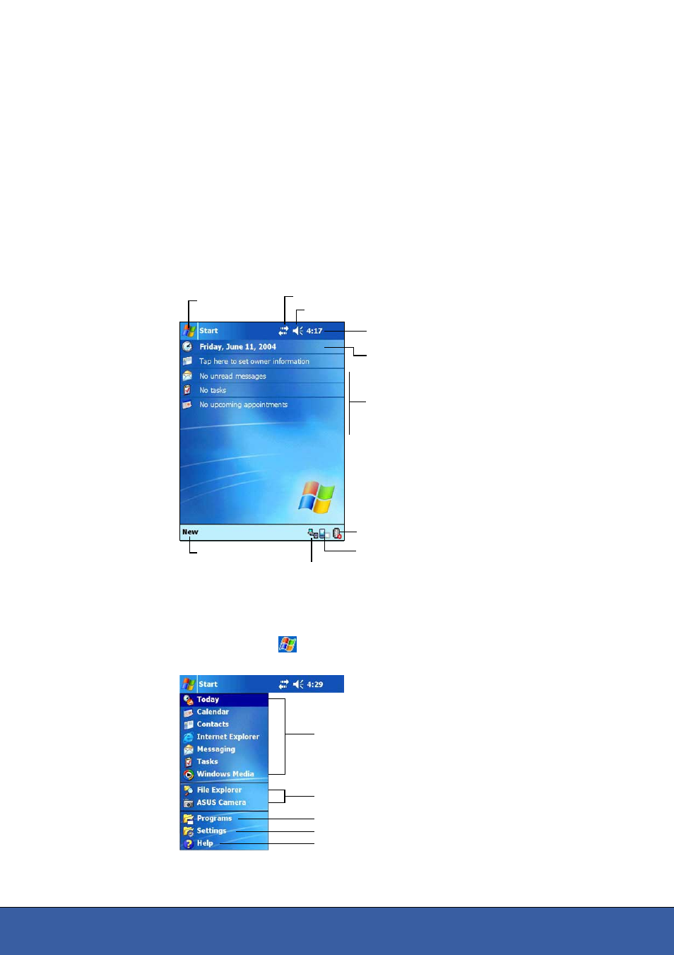 Pocket pc software, Today screen, Start menu | Media player, and internet explorer | Asus MyPal A730 User Manual | Page 5 / 6