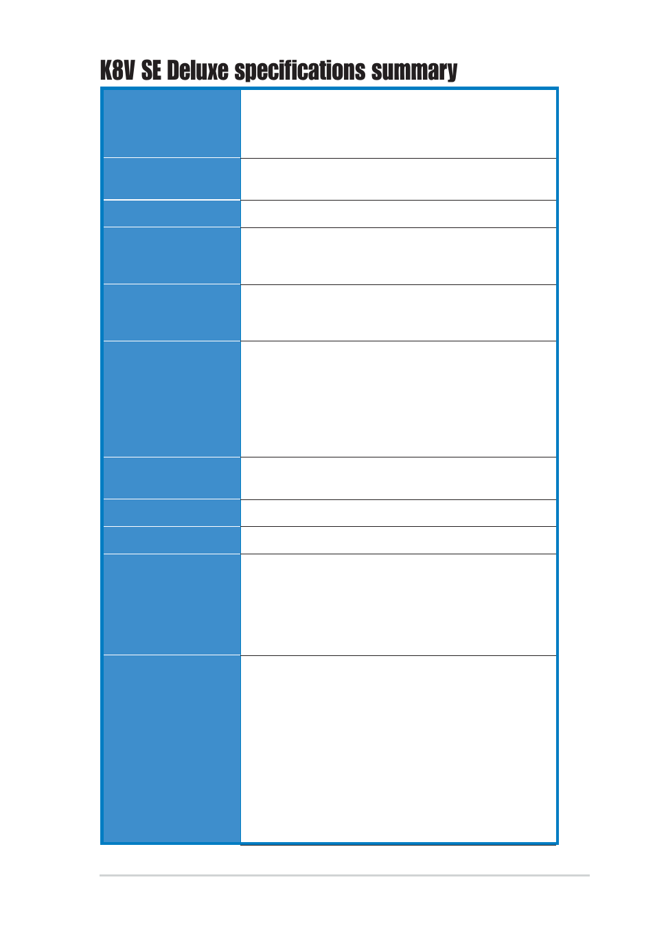 K8v se deluxe specifications summary | Asus K8V SE Deluxe User Manual | Page 11 / 140