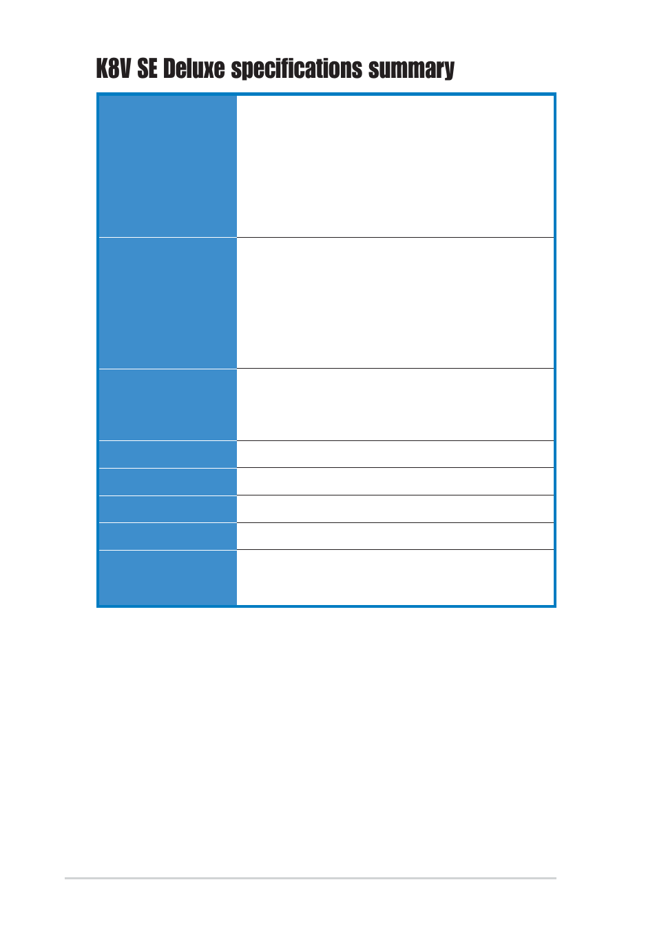 K8v se deluxe specifications summary | Asus K8V SE Deluxe User Manual | Page 12 / 140