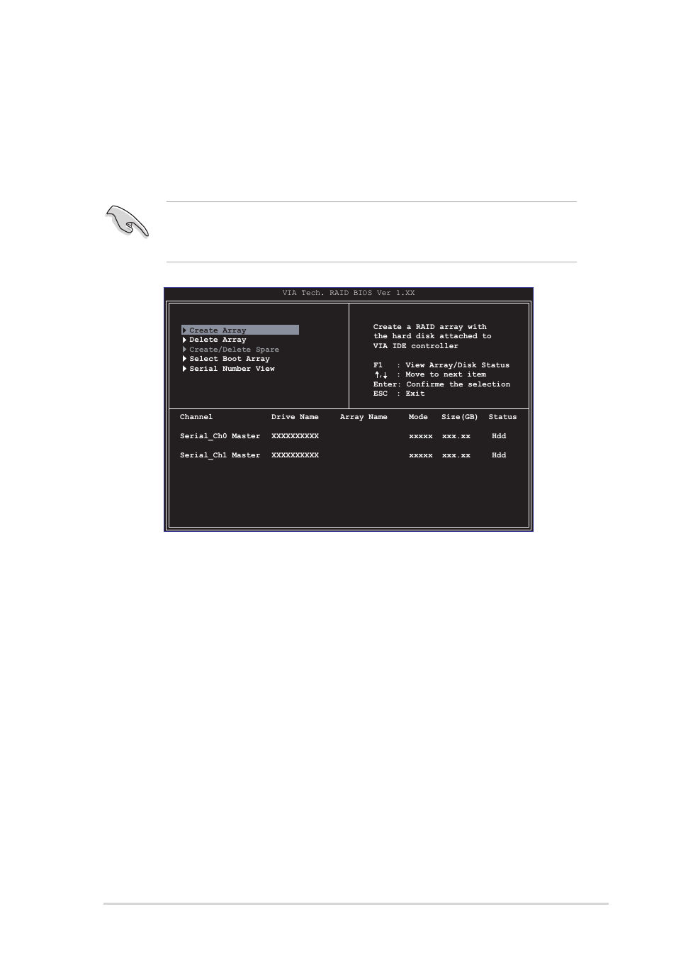 2 entering via tech raid bios utility, Asus k8v se deluxe motherboard 5-27, Enter | View array/disk status, Move to the next item, Confirm the selection | Asus K8V SE Deluxe User Manual | Page 133 / 140