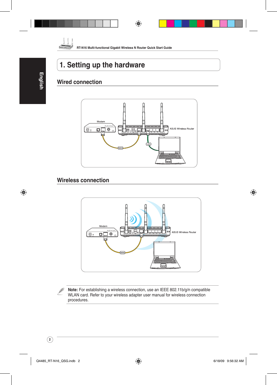 Setting up the hardware, Wired connection wireless connection | Asus RT-N16 User Manual | Page 11 / 110