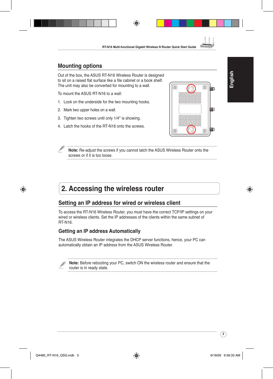 Accessing the wireless router, Mounting options, Setting an ip address for wired or wireless client | Asus RT-N16 User Manual | Page 12 / 110