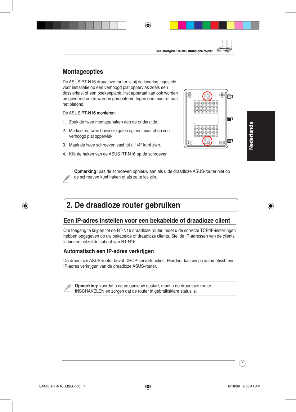 De draadlo�e router gebruiken, Montageopties, Automatisch een ip-adres verkrijgen | Asus RT-N16 User Manual | Page 16 / 110