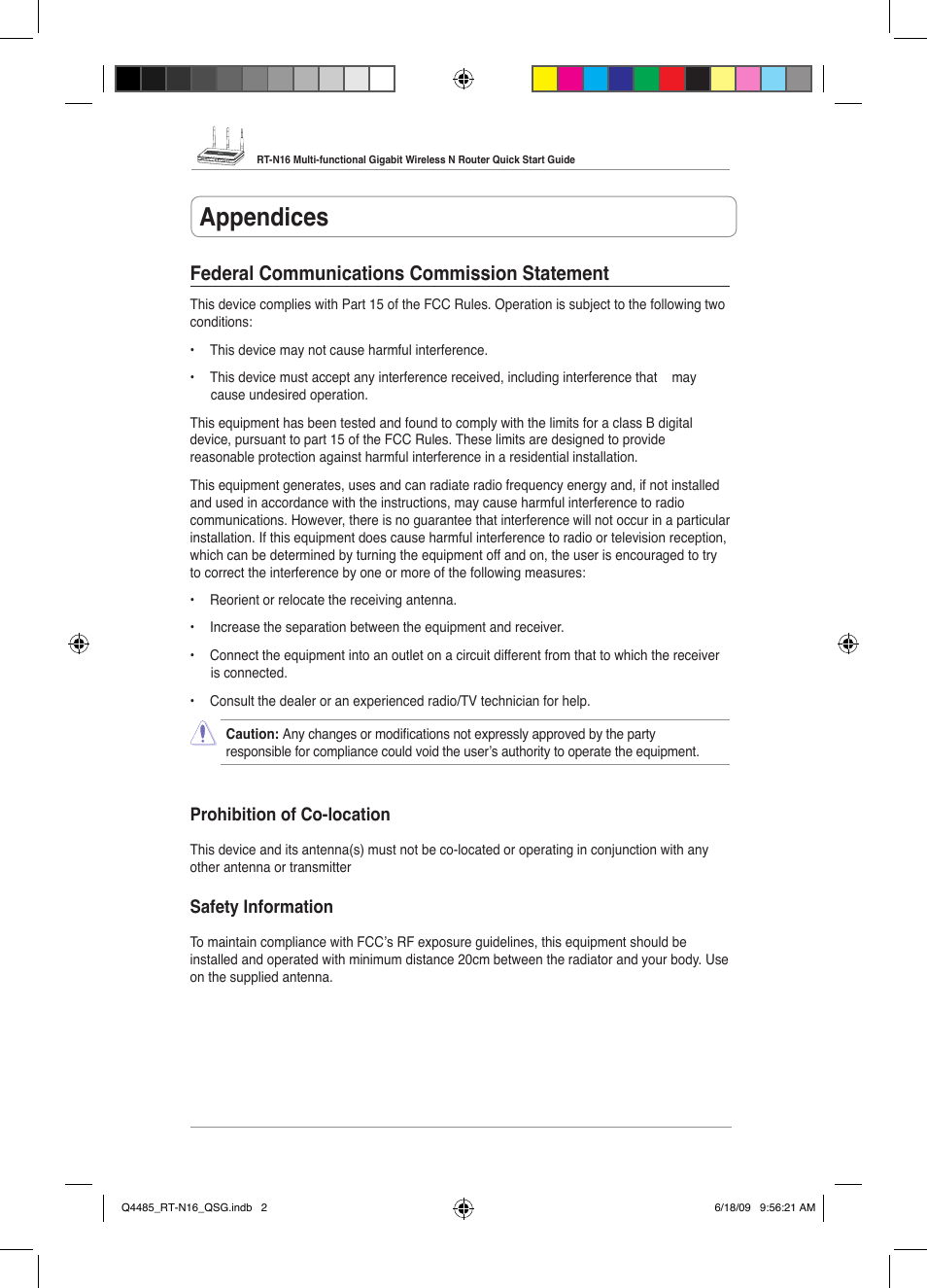 Appendices, Federal communications commission statement | Asus RT-N16 User Manual | Page 2 / 110