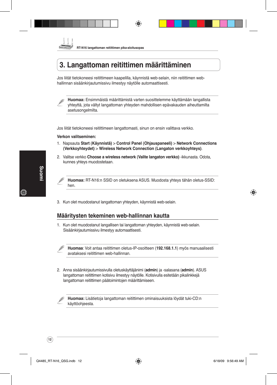 Langattoman reitittimen määrittäminen, Määritysten tekeminen web-hallinnan kautta | Asus RT-N16 User Manual | Page 21 / 110