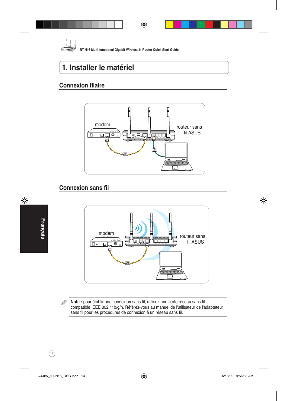 Installer le matériel, Connexion filaire connexion sans fil | Asus RT-N16 User Manual | Page 23 / 110