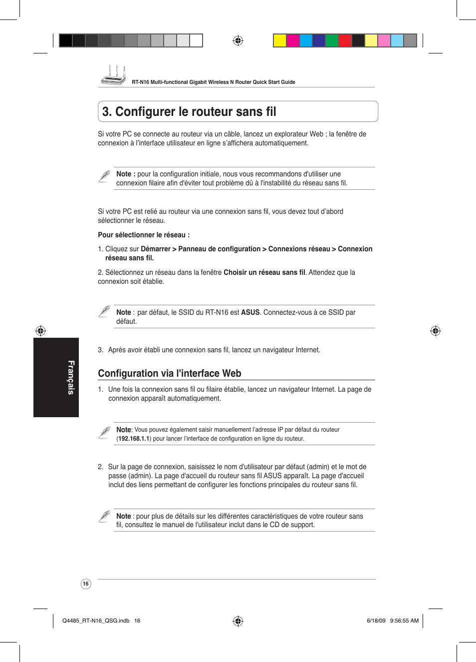 Configurer le routeur sans fil, Configuration via l'interface web | Asus RT-N16 User Manual | Page 25 / 110