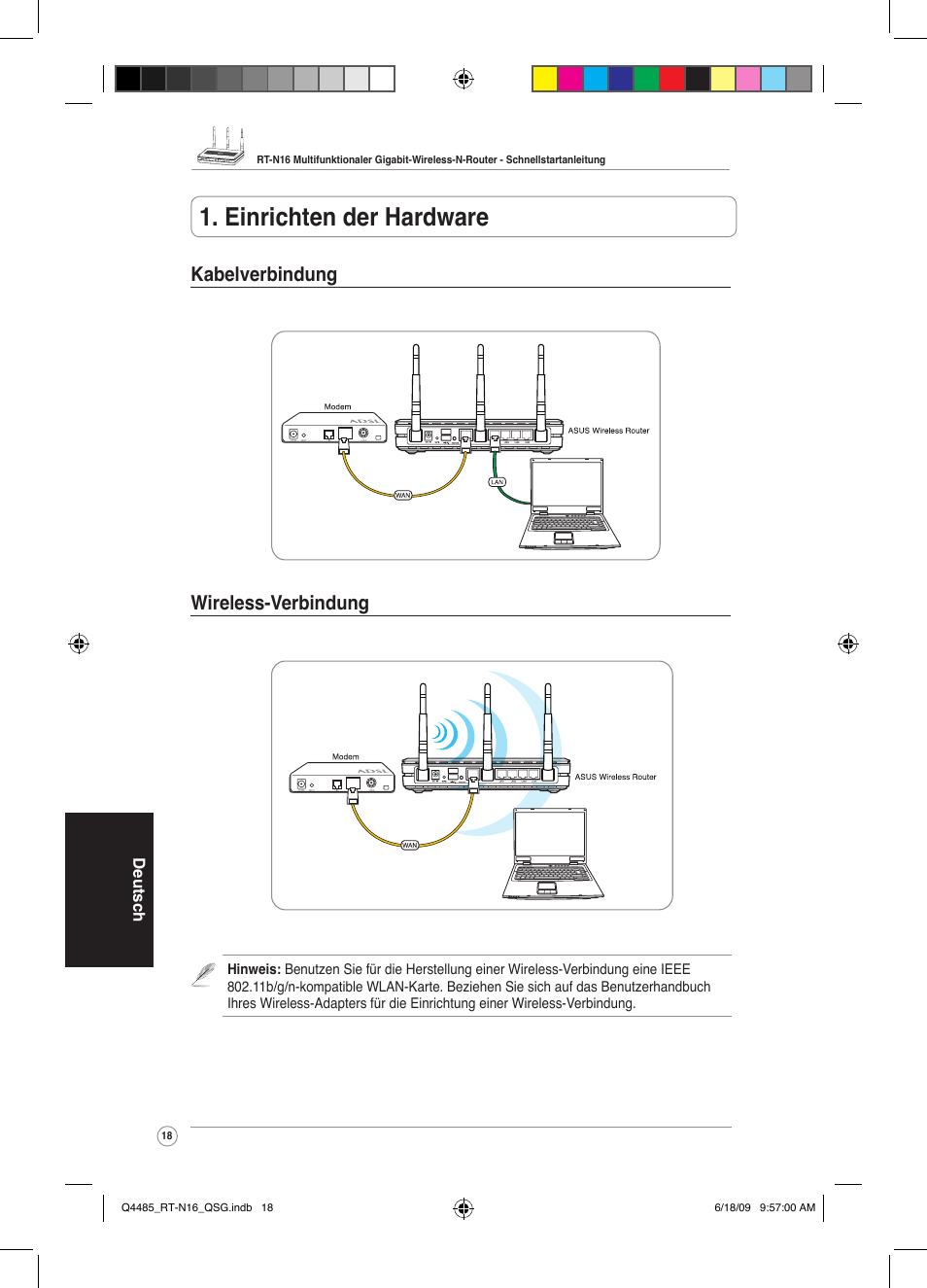 Einrichten der hardware, Kabelverbindung wireless-verbindung | Asus RT-N16 User Manual | Page 27 / 110