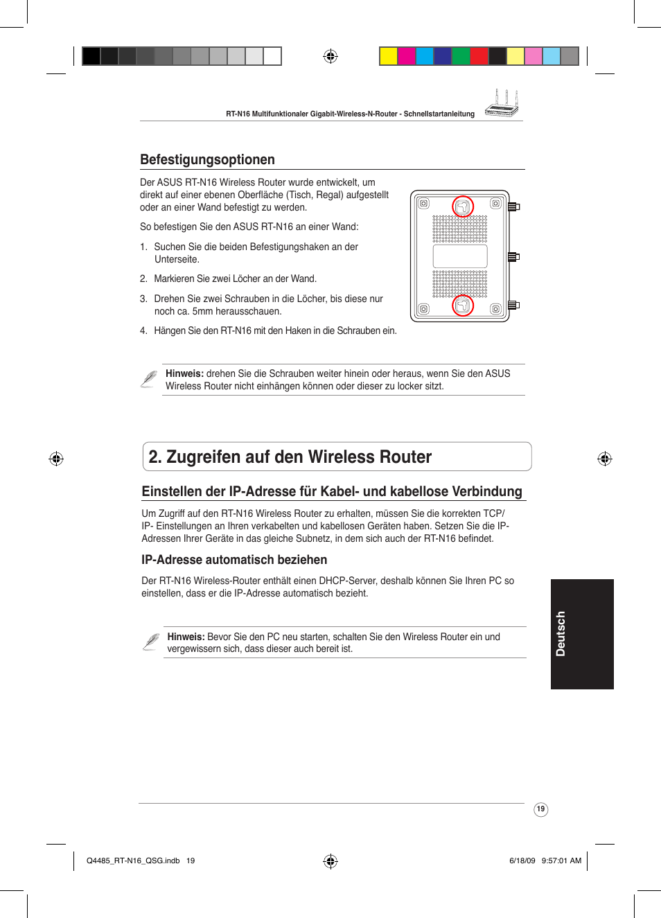 Zugreifen auf den wireless router, Befestigungsoptionen | Asus RT-N16 User Manual | Page 28 / 110