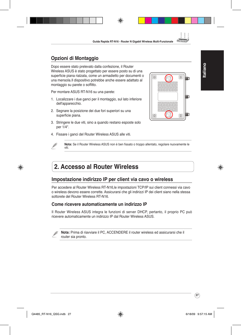 Accesso al router wireless, Op�ioni di montaggio | Asus RT-N16 User Manual | Page 36 / 110