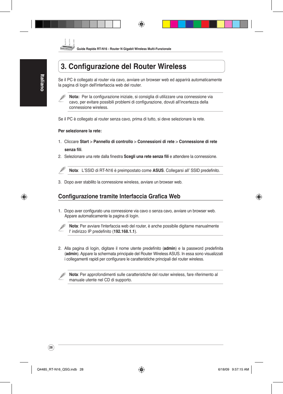 Configurazione del router wireless, Configurazione tramite interfaccia grafica web | Asus RT-N16 User Manual | Page 37 / 110