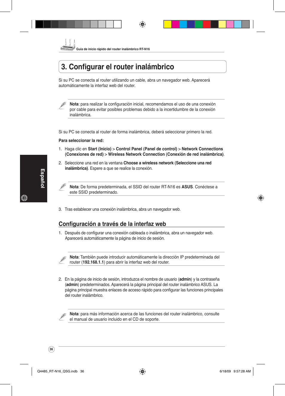 Configurar el router inalámbrico, Configuración a través de la interfaz web | Asus RT-N16 User Manual | Page 45 / 110