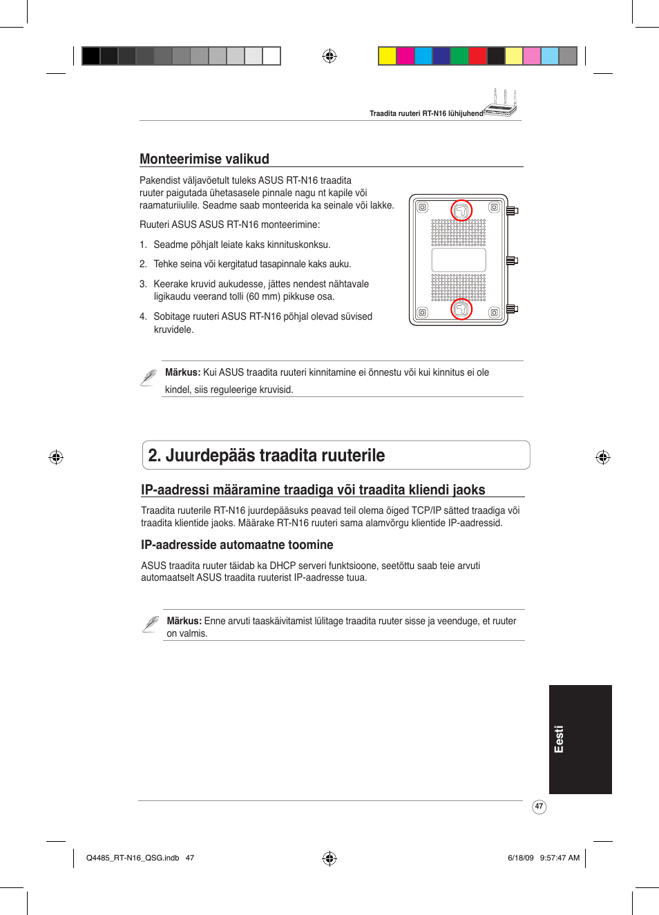 Juurdepääs traadita ruuterile, Monteerimise valikud | Asus RT-N16 User Manual | Page 56 / 110
