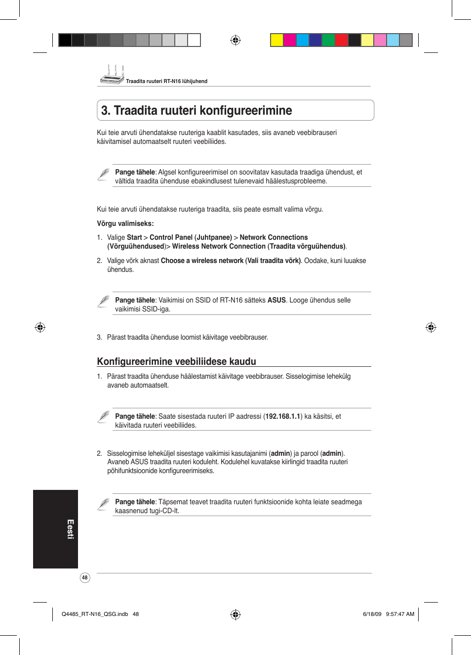 Traadita ruuteri konfigureerimine, Konfigureerimine veebiliidese kaudu | Asus RT-N16 User Manual | Page 57 / 110