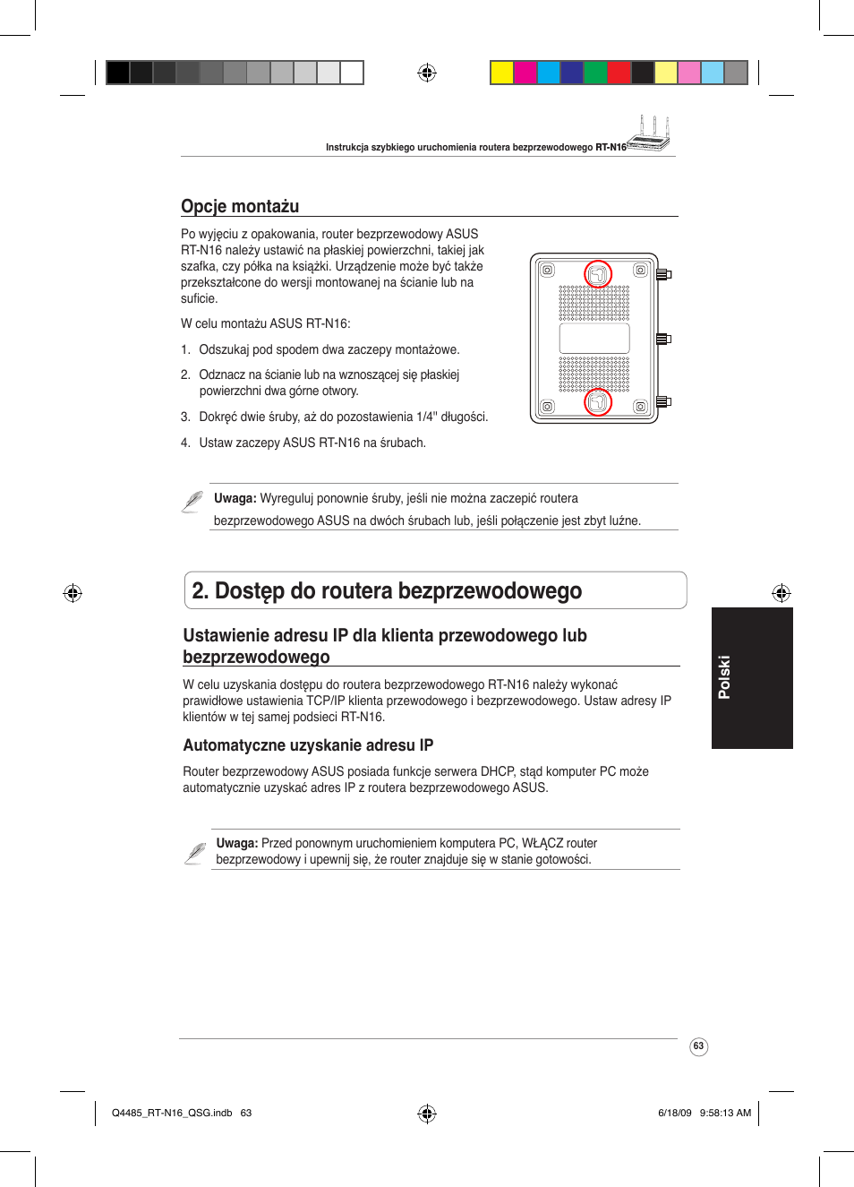 Dostęp do routera bezprzewodowego, Opcje montażu | Asus RT-N16 User Manual | Page 72 / 110