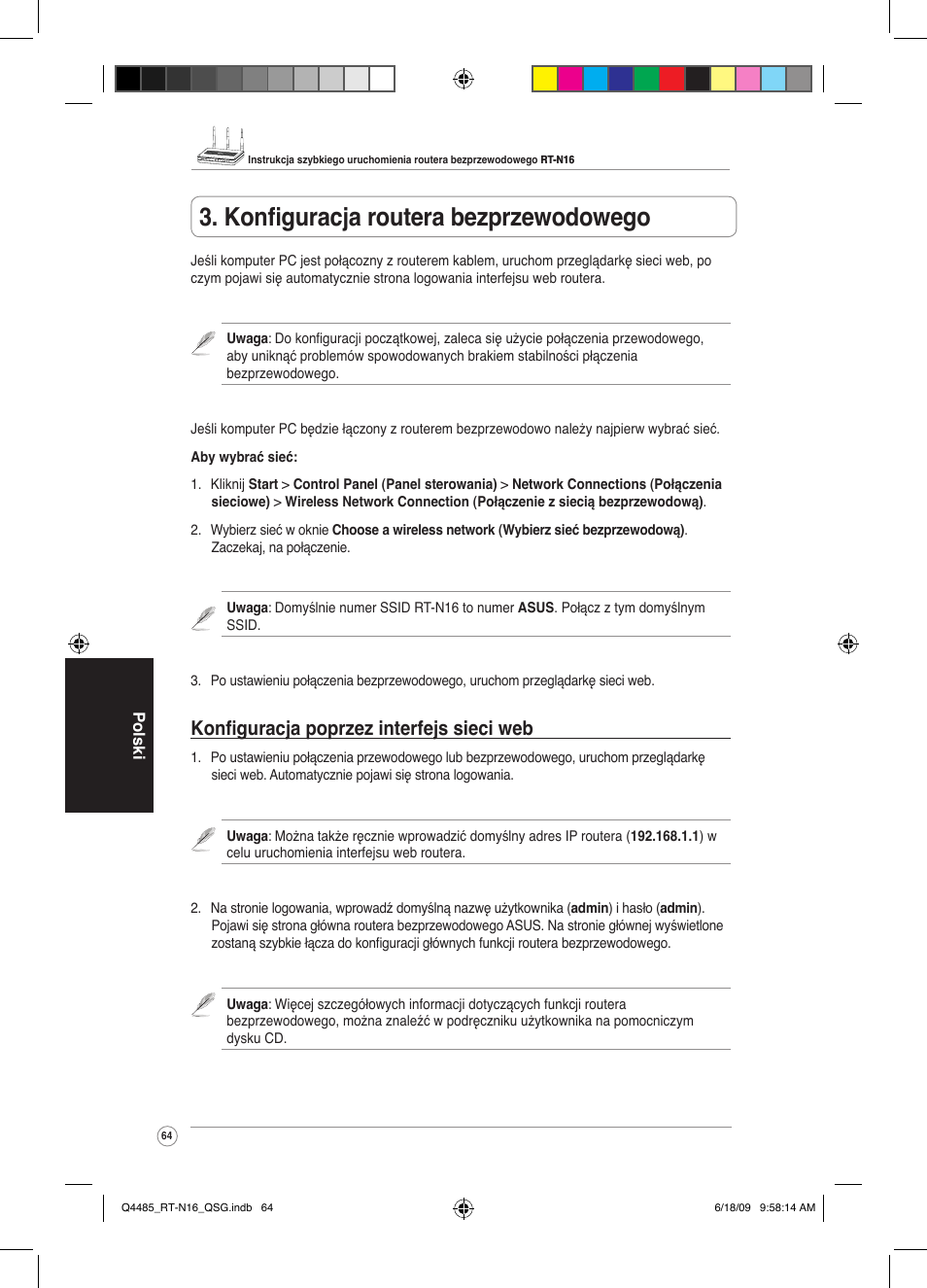 Konfiguracja routera bezprzewodowego, Konfiguracja poprzez interfejs sieci web | Asus RT-N16 User Manual | Page 73 / 110