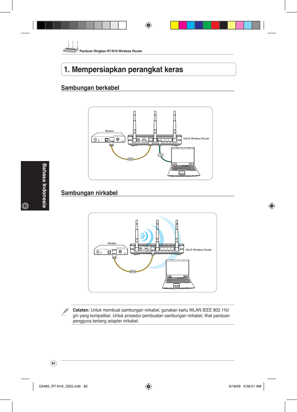 Mempersiapkan perangkat keras, Sambungan berkabel sambungan nirkabel | Asus RT-N16 User Manual | Page 91 / 110