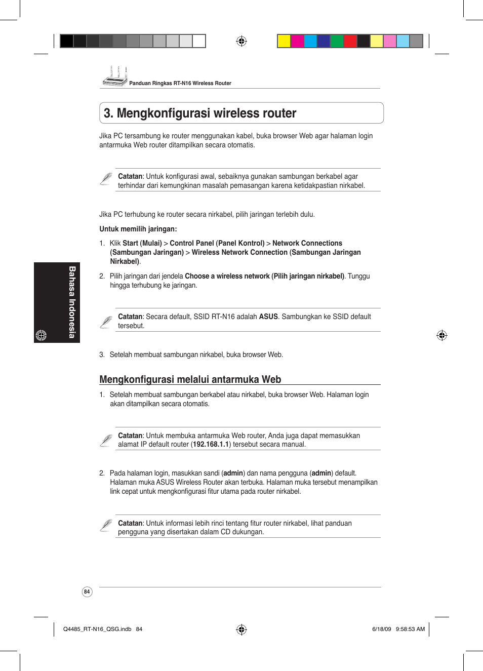 Mengkonfigurasi wireless router, Mengkonfigurasi melalui antarmuka web | Asus RT-N16 User Manual | Page 93 / 110